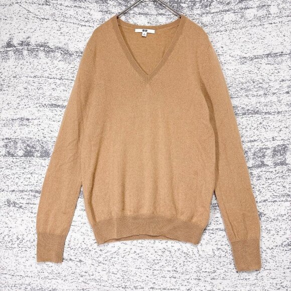 Uniqlo Cashmere V-Neck Sweater Beige Knit Basic Fall/Winter M - Picture 1 of 5